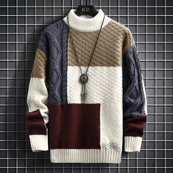 2023 Осенне-зимний новый мужской свитер с полувысоким вырезом, модный тренд, свободный контрастный цвет, повседневный трикотаж с шерстяным низом, мужская
