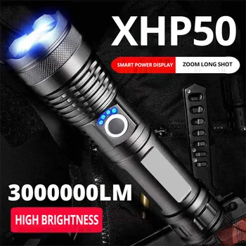 3000000LM XHP50.3 Алюминиевый Телескопический зум-фонарик с дисплеем мощности, USB-Зарядка, Уличный фонарь для ночной рыбалки, Тактический светодиодный фонарь