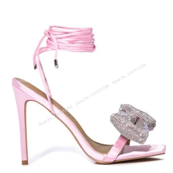 Abesire/ Розовые Босоножки с кристаллами и бантом; Босоножки на Шнуровке с Квадратным Носком; Женская Обувь на Тонком высоком Каблуке с открытым Носком; Zapatillas Mujer