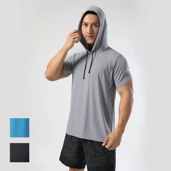(M-3XL) Мужская Спортивная Быстросохнущая футболка с капюшоном, Свободные Топы для фитнеса, Для бега, Для тренировок, Эластичные топы из Ледяного Шелка