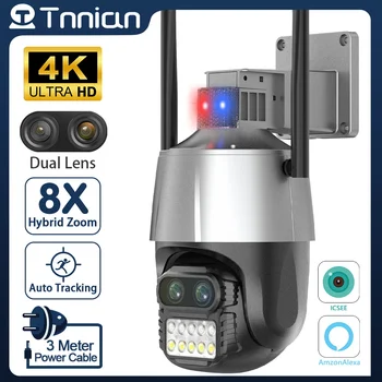Tnnian 4K 8MP Двухобъективная Уличная WiFi камера с 8-кратным зумом PTZ AI Автоматическое отслеживание Противоугонная сирена Камера безопасности iCSee