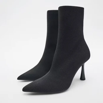 TRAF 2023, женские черные ботильоны, винтажные вязаные ботильоны с острым носком, эластичные, на высоком каблуке, Элегантные женские осенние ботинки, шикарные ботинки, обувь