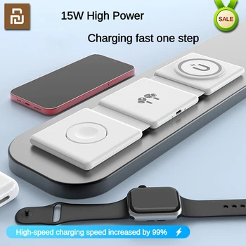 Youpin 15 Вт 3в1 Магнитная Беспроводная Подставка Для Зарядного устройства Складная Для Airpods iPhone 14 13 12 Pro Apple Watch Док-станция Для Быстрой зарядки