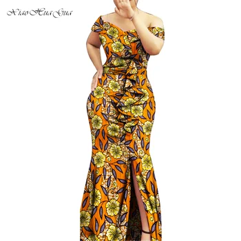 Африканские платья для Женщин, Модное Платье Макси с вырезом Лодочкой и рюшами, Женское платье с принтом Bazin Riche, Африканская Одежда, Вечернее Платье WY8894
