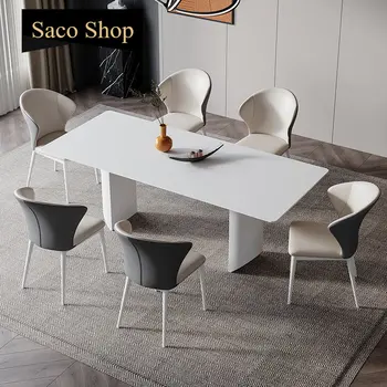 Белый Стол и Стул Комбинированная Мебель для Дома в Столовой Современный Дизайн Каменная Плита 2 Метра на 6 Персон Минималистичный Кухонный Стол
