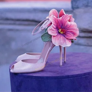 Босоножки с Цветочным Декором и Принтом из Розовых Камней, Свадебные туфли с открытым Носком и Пряжкой для Женщин, Туфли на шпильке и высоком каблуке 2023, Zapatillas Mujer