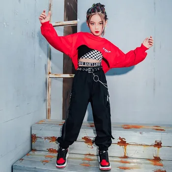 Детская одежда в стиле хип-хоп, красные топы, черные брюки для девочек, костюм для уличных танцев, Подростковая одежда для современных джазовых бальных танцев