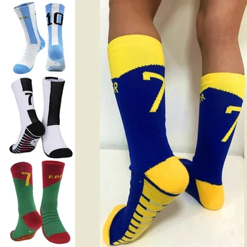 Детские футбольные носки Звездный номер 10 # 7 #, Велосипедные носки для мальчиков со средней посадкой, Уличное полотенце Снизу, Модные мужские спортивные футбольные Короткие носки