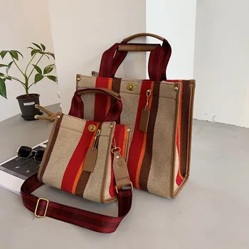 Женская сумка 2023, Новая европейская и американская Винтажная сумка, Трендовая Холщовая полосатая Студенческая сумка через плечо, сумочка