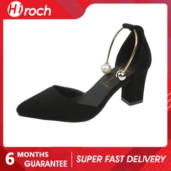 Женские босоножки HiRoch с пряжкой в одно слово на массивном высоком каблуке, темпераментные остроносые туфли с жемчужной пряжкой черного цвета