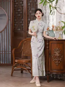 Женский тонкий Ципао с цветочным принтом 2023, Летний китайский стиль, ретро, короткий рукав