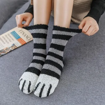 Зимние Теплые носки с кошачьей лапой для женщин, Носки для сна для девочек, домашние носки для пола, толстые носки