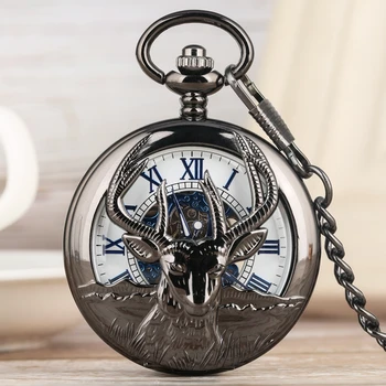Карманные механические часы в стиле Ретро с черной козой, Модные синие римские цифры, циферблат, Ювелирные изделия из сплава Премиум-класса, Наручные часы с цепочкой