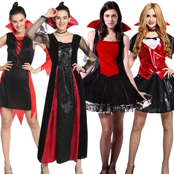 Карнавальные костюмы для женщин, Прикрепленные к вампиру Головные уборы, халаты, Черный, Красный, Роскошный Демон, Рождественская вечеринка
