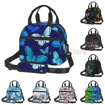 Красочная изолированная сумка для ланча с бабочкой, многоразовая сумка для Бенто, термосумка для ланча с плечевым ремнем для женщин, школы, работы, пикника