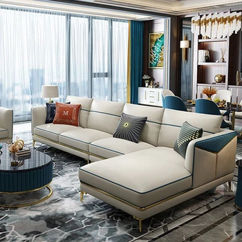 Легкий роскошный кожаный диван, современная минималистичная гостиная, искусственная кожа, небольшая квартира, постмодернистская угловая комбинация, итальянский шезлонг