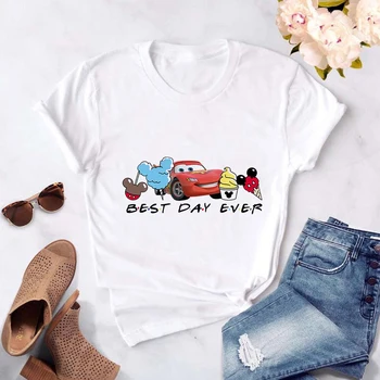 Милая футболка Disney Cars Женская с коротким рукавом с героями мультфильмов Летняя одежда для путешествий в Диснейленде Лучший день в истории Женские топы Футболка Бесплатная доставка