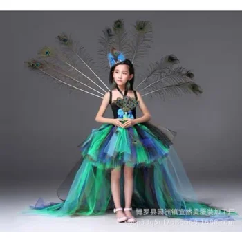 Модель платья с павлином для девочек, одежда для выступлений, костюм принцессы для косплея, юбка-шлейф, одежда для сцены, необычный костюм