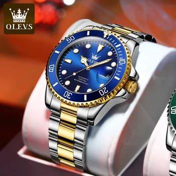 Мужские часы OLEVS Pilot, Оригинальные автоматические механические наручные часы с увеличителем даты из нержавеющей стали, Водонепроницаемые светящиеся мужские часы