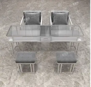 Набор столов и стульев для маникюрного салона из серебристого стекла, одинарный, двойной, тройной, покрытый мраморным лаком стол и стул для маникюрного салона