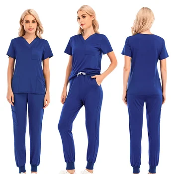 Новая женская форма для медсестер с V-образным вырезом, Коротким рукавом и карманом, Рабочая одежда, однотонные легкие дышащие топы, Брюки, Мягкий костюм для работы