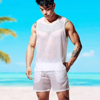 Новые летние мужские прозрачные Плавки Повседневные шорты для плавания и фитнеса Мужская модная спортивная пляжная одежда Сексуальные тонкие пляжные брюки