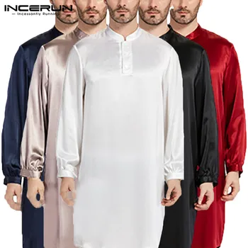 Ночная рубашка Мужской Халат Пижама Шелковый Атласный халат с длинным рукавом Арабское платье для отдыха Рубашка Платье Мужская Исламская Мужская одежда