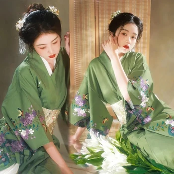 Официальное Традиционное Модифицированное Кимоно Женская одежда Изумрудно-Зеленое Японское Кимоно Халат Винтажное платье Танцевальная одежда Фото Одежды