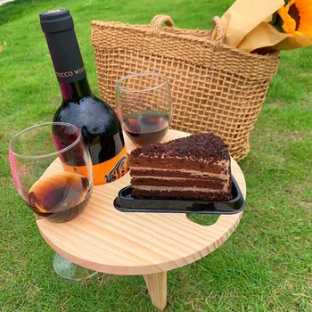 Переносная винная стойка, Креативный складной винный столик с круглым настольным деревянным держателем бокала для вина для пикника на открытом воздухе, кемпинга