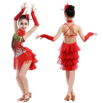 Платье для латиноамериканских танцев с блестками и кисточками для девочек, Модный Танцевальный костюм для Сальсы и Танго, Сценический костюм для детского представления, наряд с бахромой