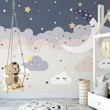 Пользовательские самоклеящиеся обои 3D Nordic INS Звездное небо Облако Луна Фон детской комнаты Настенная роспись Водонепроницаемая наклейка Искусство
