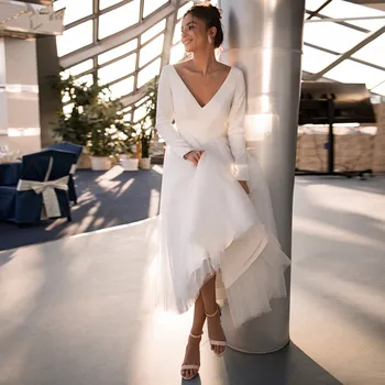 Простое свадебное платье МЕЧТЫ 2023, трапециевидное платье чайной длины с длинными рукавами, атласное тюлевое элегантное платье на заказ