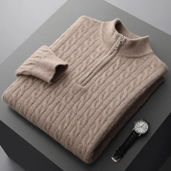 Пуловер из 100% шерсти мериноса, мужской трикотаж с полувысоким вырезом на молнии, осень-зима, тяжелый скрученный свитер 1828