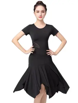 Сексуальный Костюм для Латиноамериканских танцев, женские черные платья с коротким рукавом, юбка с нерегулярным подолом, одежда для современных танцев Samba Tango