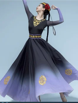 Синьцзянское танцевальное платье для выступлений, женская черная юбка с широкими качелями на 540 градусов