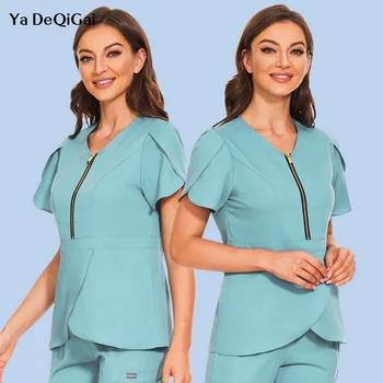 Скрабы большого размера, Топы для женщин, униформа для спа-стоматолога, Клинический Скраб, Однотонная блузка с коротким рукавом и V-образным вырезом, костюм медсестры из зоомагазина
