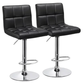 Современный Регулируемый барный стул Easyfashion из искусственной кожи со средней спинкой, набор из 2 черных барных стульев