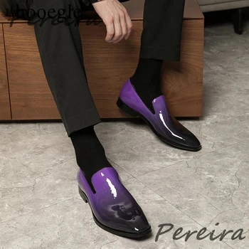 Фиолетовые мужские модельные туфли из лакированной кожи смешанного цвета, Официальная обувь без застежки с острым носком, модная роскошная мужская обувь, повседневная обувь